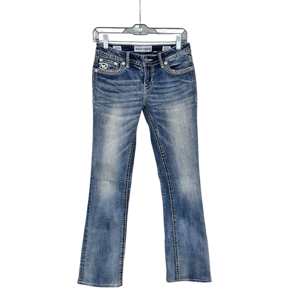 Mek Denim Brisbane Y2K Embroidered Studded Slim Boot Cut Jeans Size 26x34 Rave - Picture 2 of 6